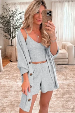 Clearance Dear-Lover 3 Pieces Rib Crop Camisole Matching Shorts Lounge Set with Cardigan Light Grey