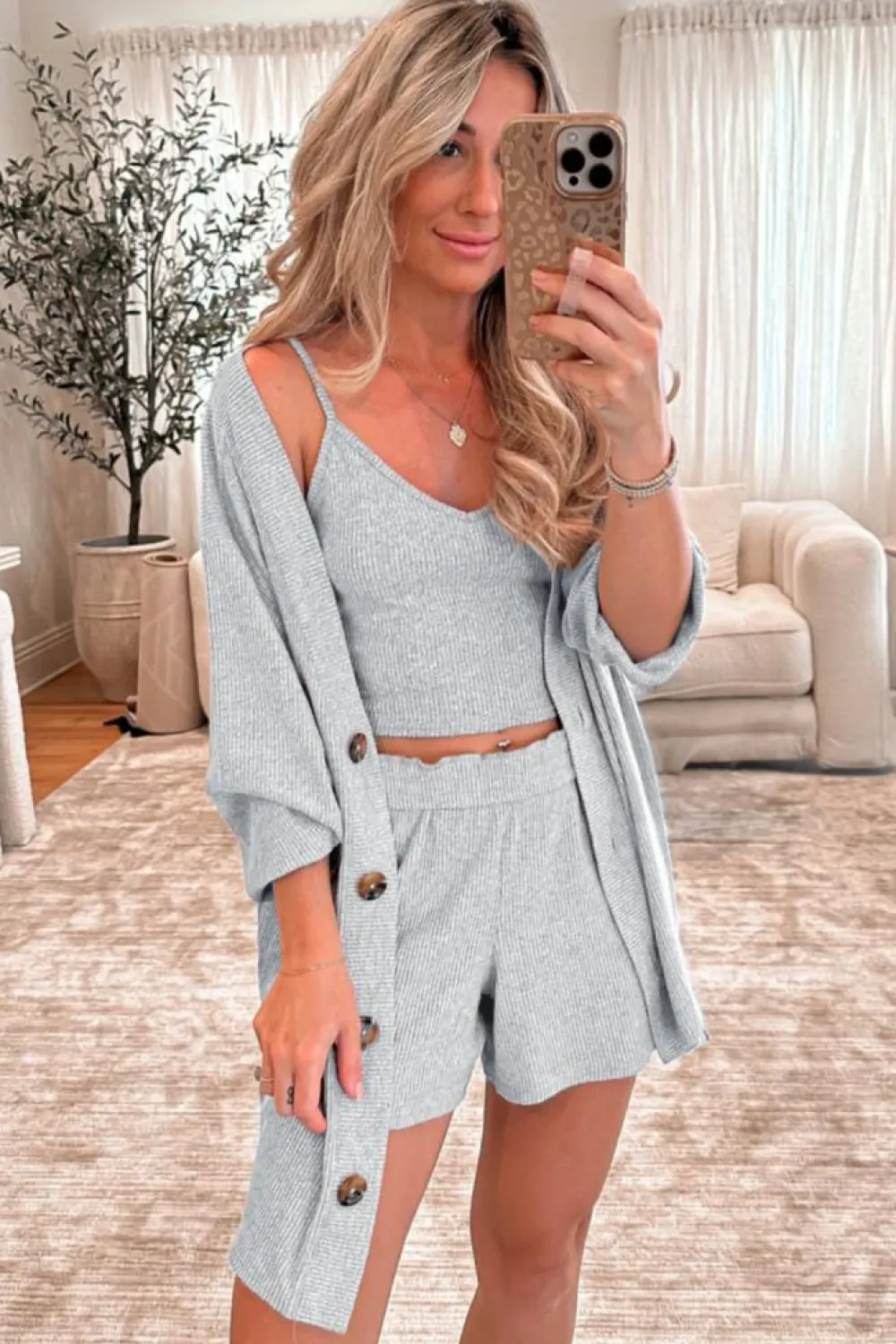 Clearance Dear-Lover 3 Pieces Rib Crop Camisole Matching Shorts Lounge Set with Cardigan Light Grey