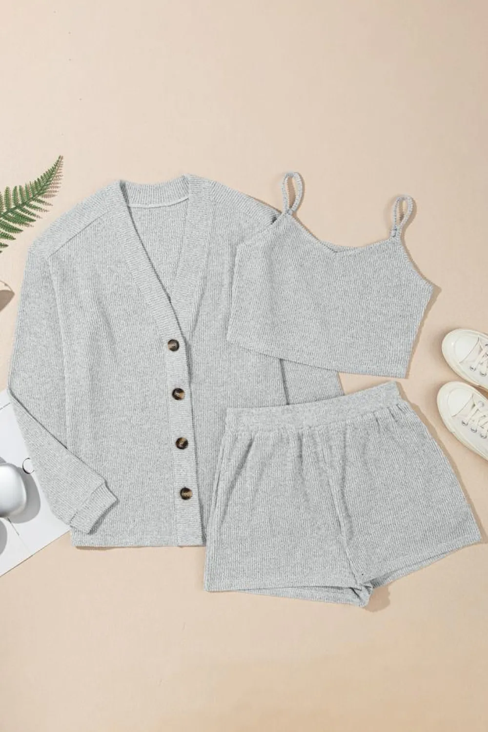 Clearance Dear-Lover 3 Pieces Rib Crop Camisole Matching Shorts Lounge Set with Cardigan Light Grey