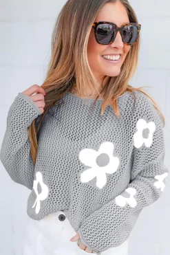 New Dear-Lover Big Flower Hollowed Knit Drop Shoulder Sweater Light Grey