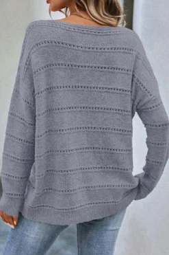 Best Dear-Lover Boat Neck Drop Shoulder Pointelle Knit Sweater Light Grey