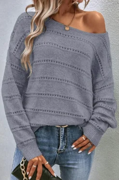 Best Dear-Lover Boat Neck Drop Shoulder Pointelle Knit Sweater Light Grey