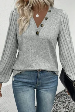 Online Dear-Lover Buttoned V Neck Ribbed Puff Sleeve Top Light Grey