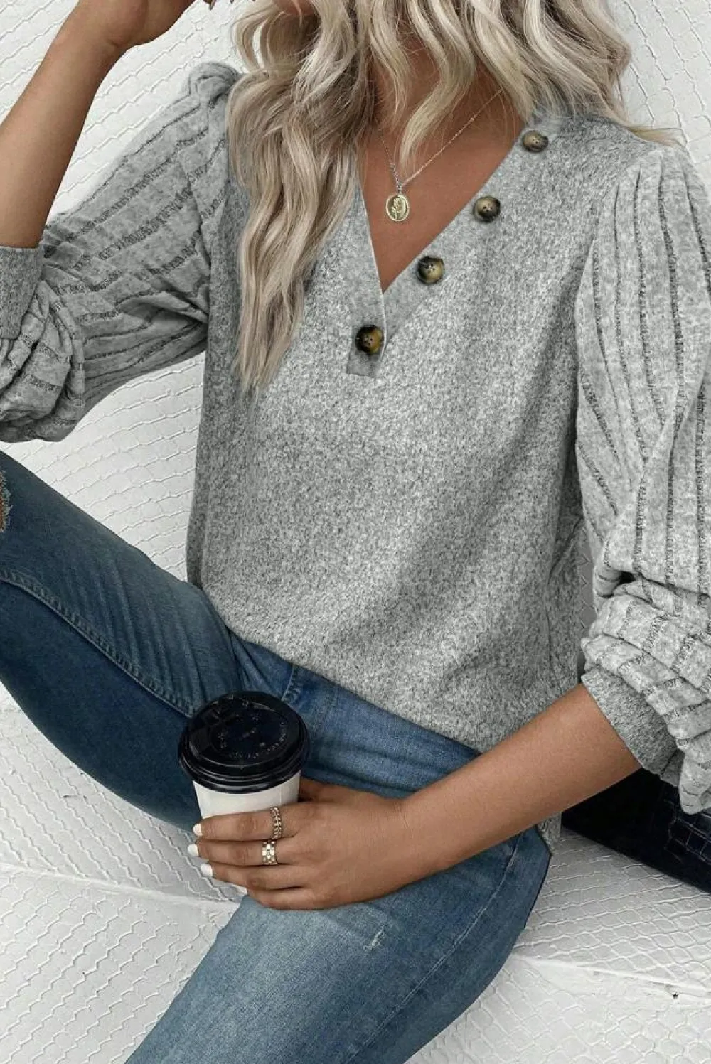 Online Dear-Lover Buttoned V Neck Ribbed Puff Sleeve Top Light Grey