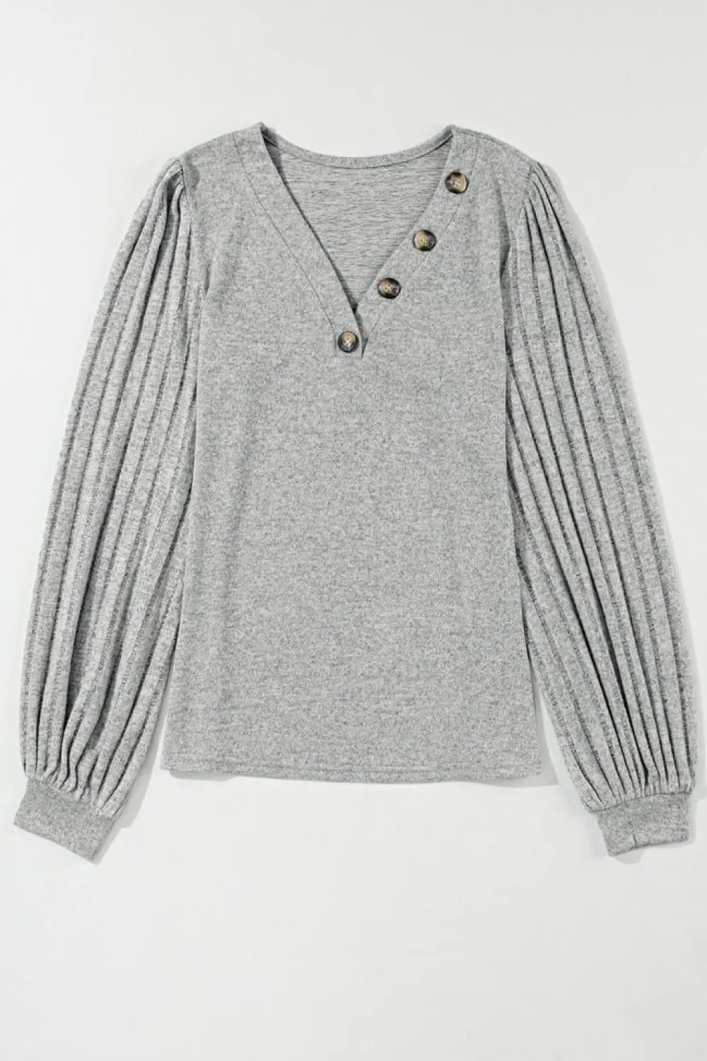 Online Dear-Lover Buttoned V Neck Ribbed Puff Sleeve Top Light Grey