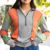 Outlet Dear-Lover Color Block Stitching Detail Half Zipper Sweatshirt Light Grey