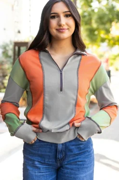Outlet Dear-Lover Color Block Stitching Detail Half Zipper Sweatshirt Light Grey