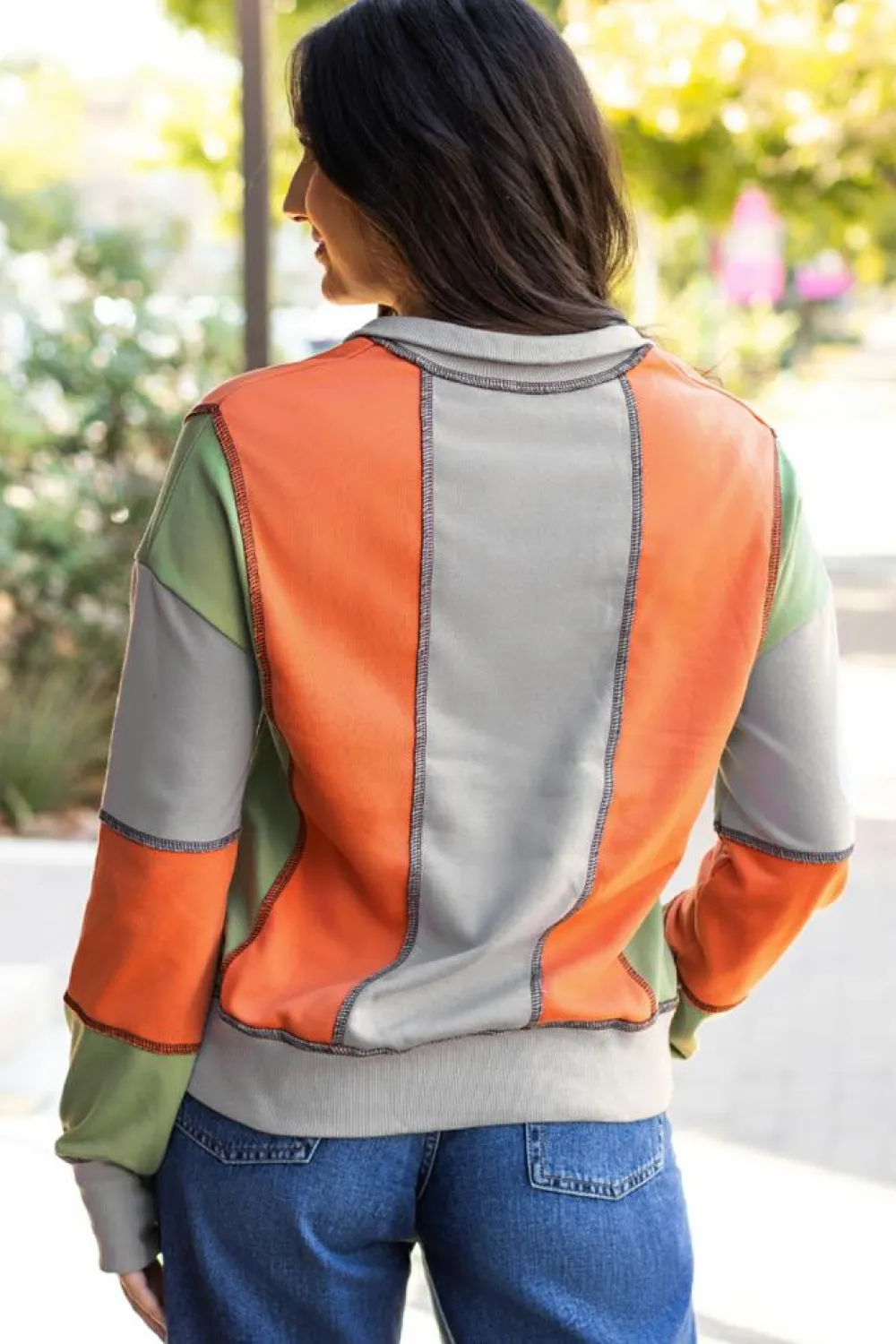 Outlet Dear-Lover Color Block Stitching Detail Half Zipper Sweatshirt Light Grey