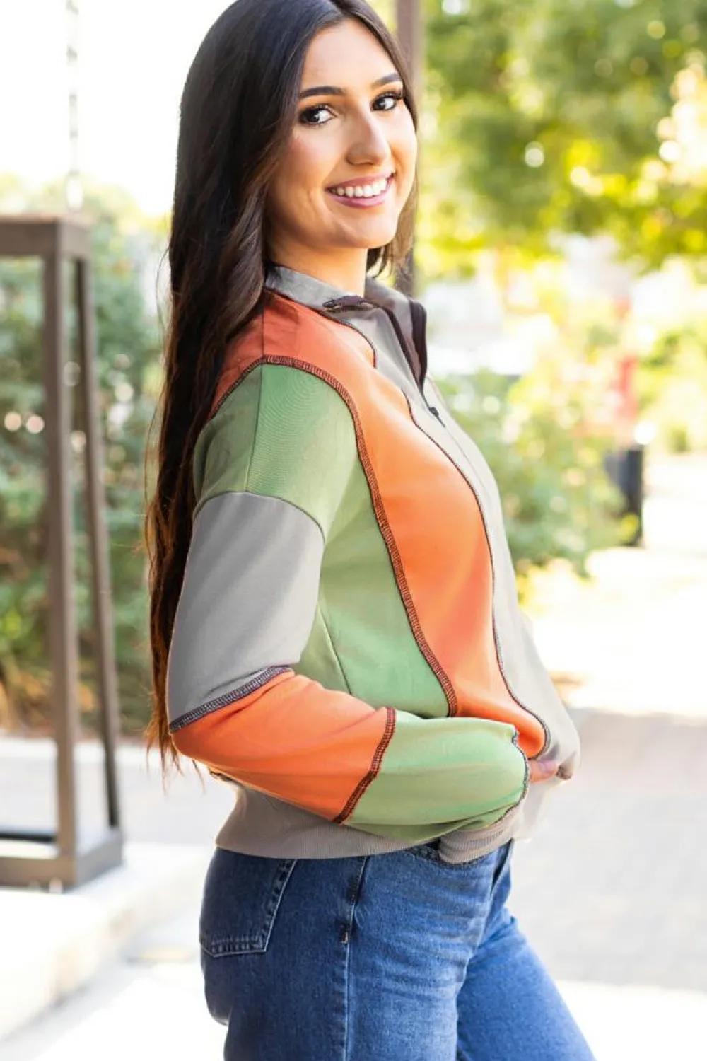 Outlet Dear-Lover Color Block Stitching Detail Half Zipper Sweatshirt Light Grey
