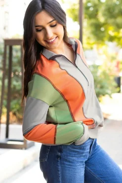 Outlet Dear-Lover Color Block Stitching Detail Half Zipper Sweatshirt Light Grey