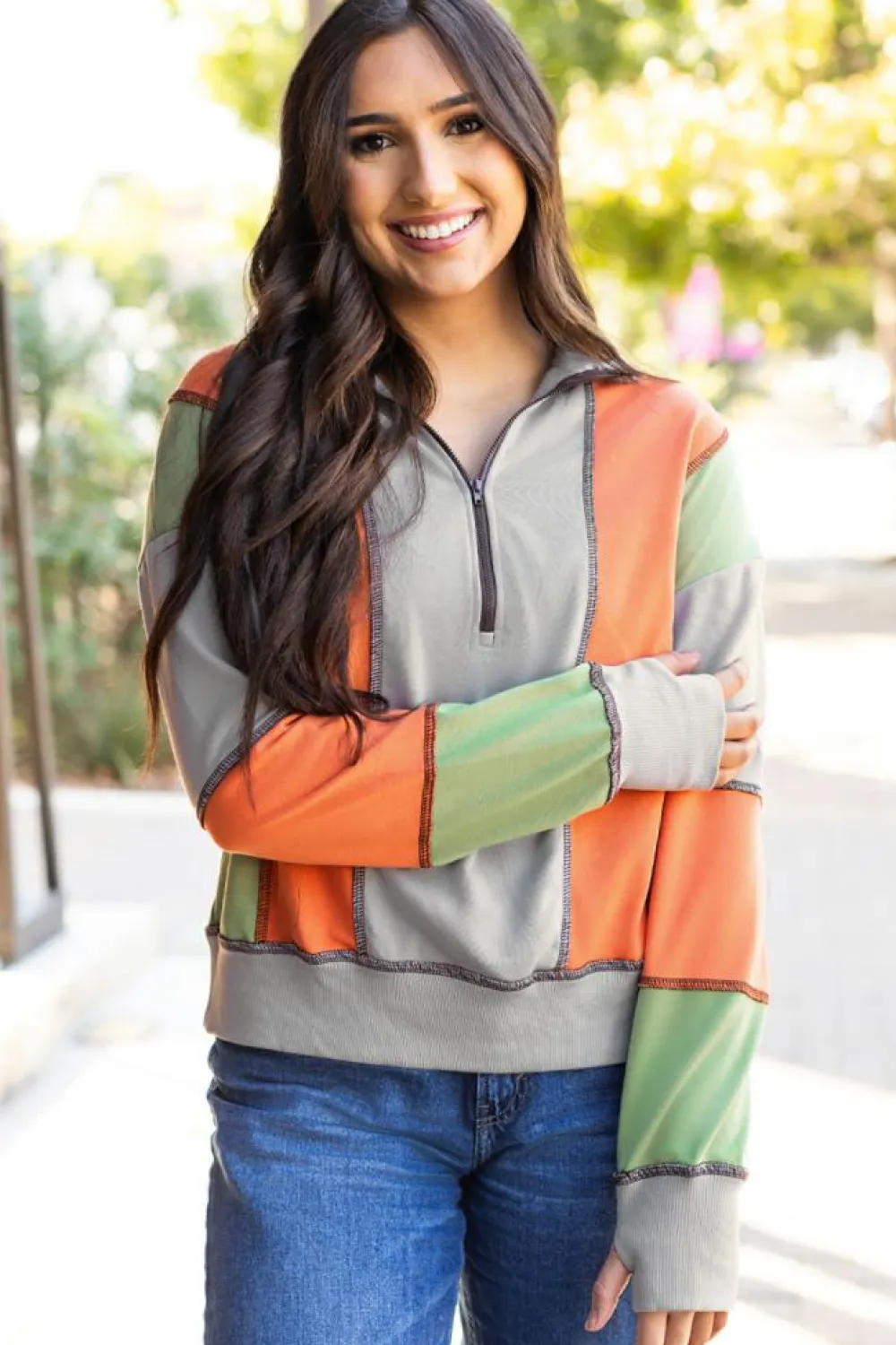 Outlet Dear-Lover Color Block Stitching Detail Half Zipper Sweatshirt Light Grey