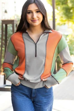 Outlet Dear-Lover Color Block Stitching Detail Half Zipper Sweatshirt Light Grey