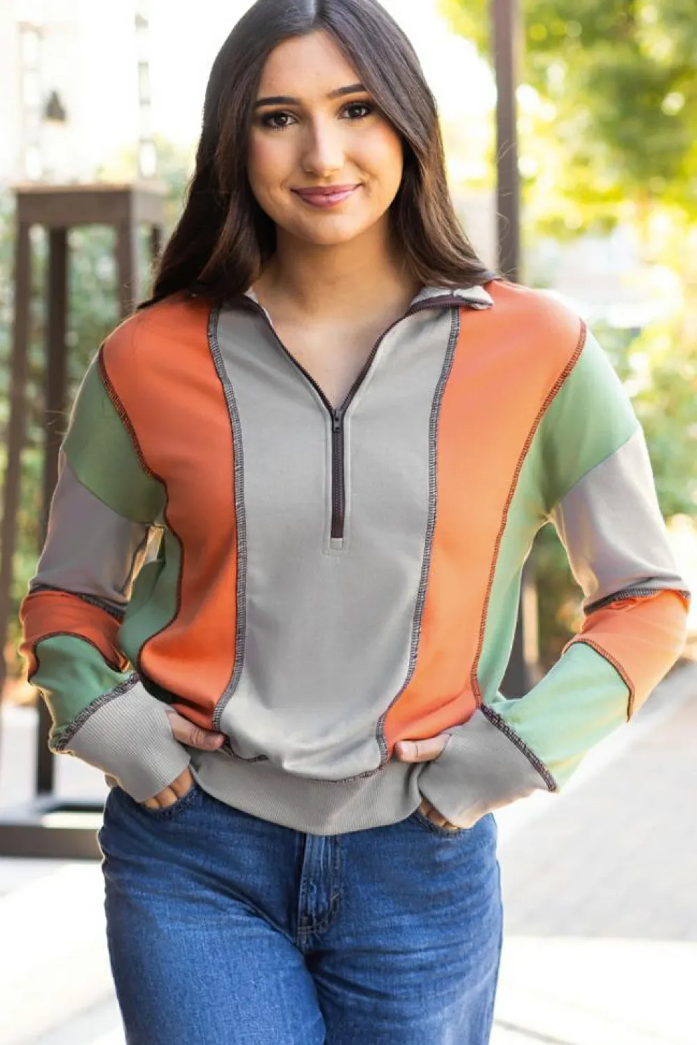 Outlet Dear-Lover Color Block Stitching Detail Half Zipper Sweatshirt Light Grey