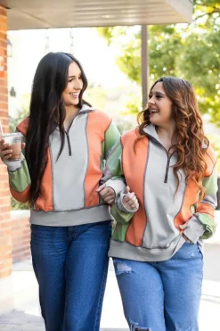 Outlet Dear-Lover Color Block Stitching Detail Half Zipper Sweatshirt Light Grey