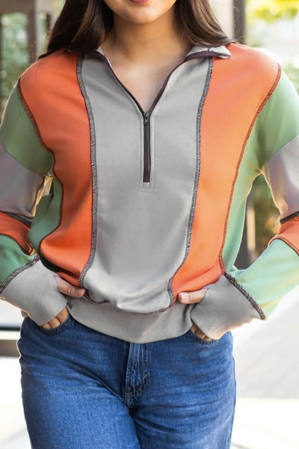 Outlet Dear-Lover Color Block Stitching Detail Half Zipper Sweatshirt Light Grey