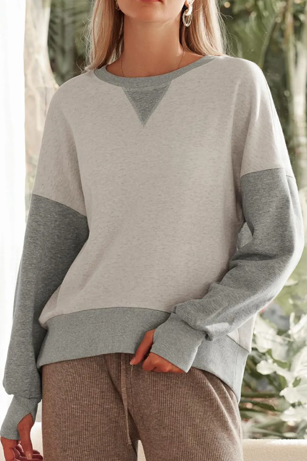Best Dear-Lover Color Block Thumbhole Sleeve Drop Shoulder Sweatshirt Light Grey