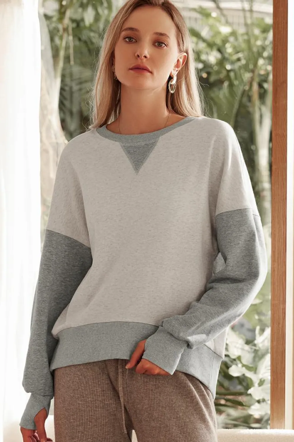 Best Dear-Lover Color Block Thumbhole Sleeve Drop Shoulder Sweatshirt Light Grey