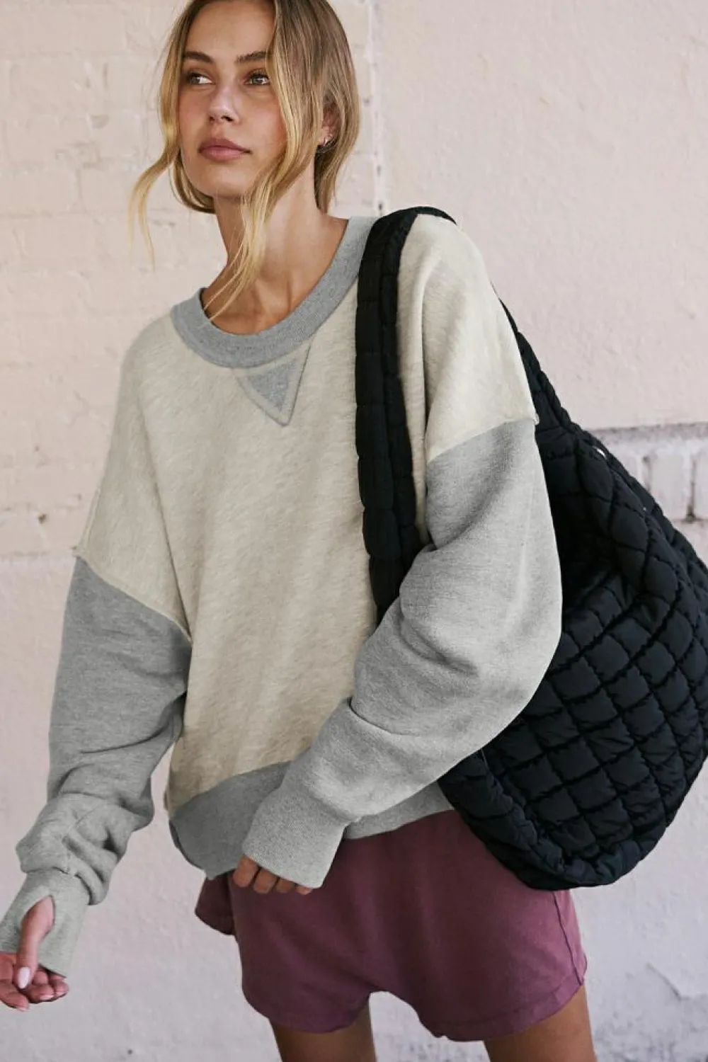 Best Dear-Lover Color Block Thumbhole Sleeve Drop Shoulder Sweatshirt Light Grey