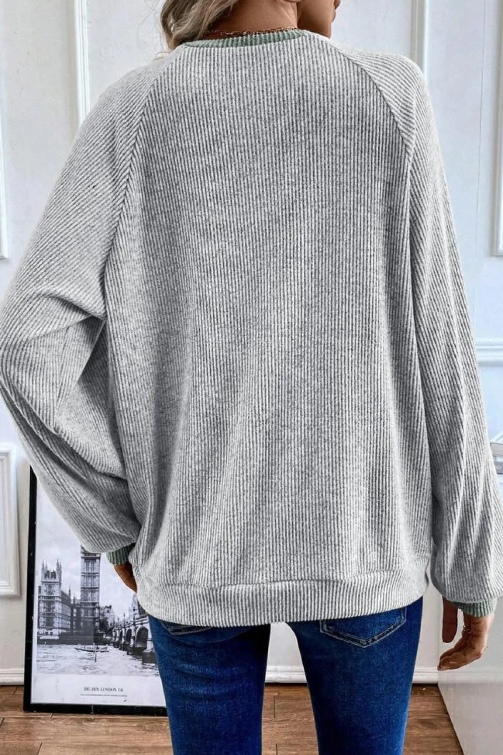 New Dear-Lover Color Contrast Ribbed Loose Fit Long Sleeve Top Light Grey