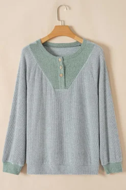New Dear-Lover Color Contrast Ribbed Loose Fit Long Sleeve Top Light Grey