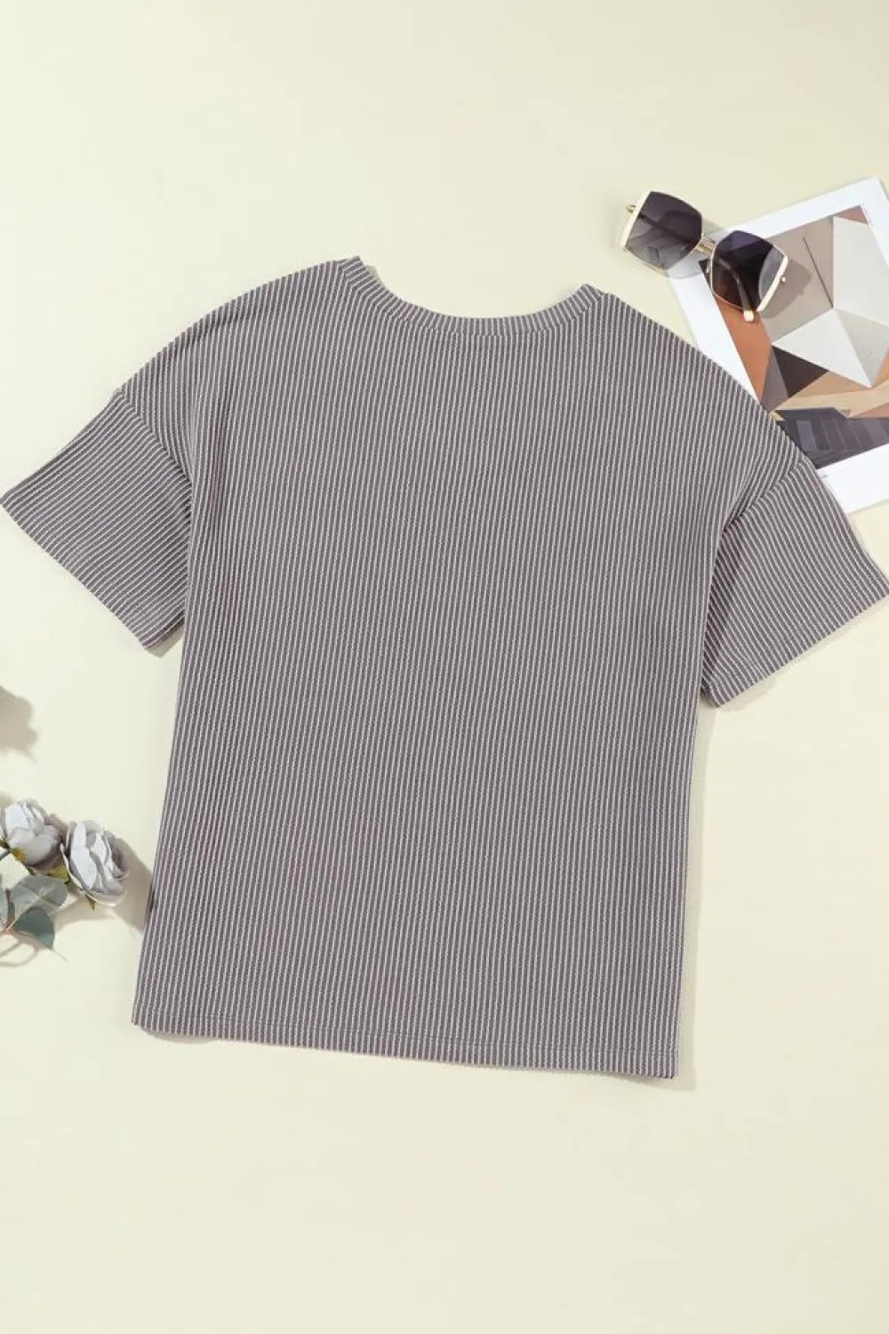Outlet Dear-Lover Corded V Neck Chest Pocket Loose T-shirt Light Grey