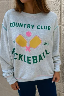 Clearance Dear-Lover COUNTRY CLUB PICKLEBALL Graphic Exposed Stitching Casual Sweatshirt Light Grey