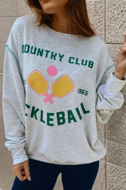 Clearance Dear-Lover COUNTRY CLUB PICKLEBALL Graphic Exposed Stitching Casual Sweatshirt Light Grey