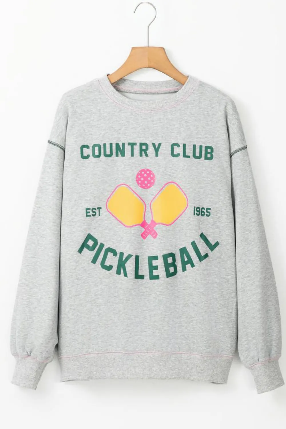 Clearance Dear-Lover COUNTRY CLUB PICKLEBALL Graphic Exposed Stitching Casual Sweatshirt Light Grey