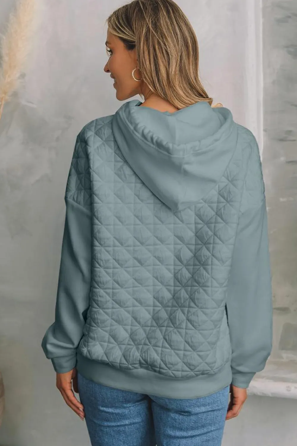 Best Dear-Lover Drop Shoulder Quilted Patchwork Kangaroo Pocket Hoodie Light Grey