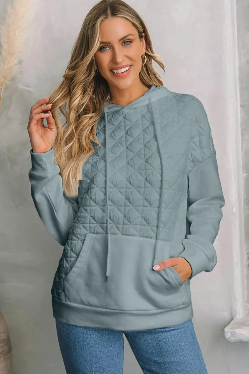 Best Dear-Lover Drop Shoulder Quilted Patchwork Kangaroo Pocket Hoodie Light Grey