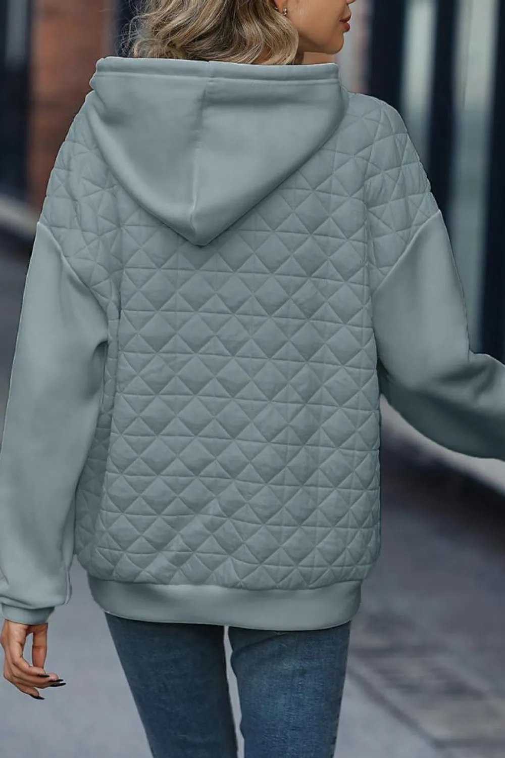 Best Dear-Lover Drop Shoulder Quilted Patchwork Kangaroo Pocket Hoodie Light Grey