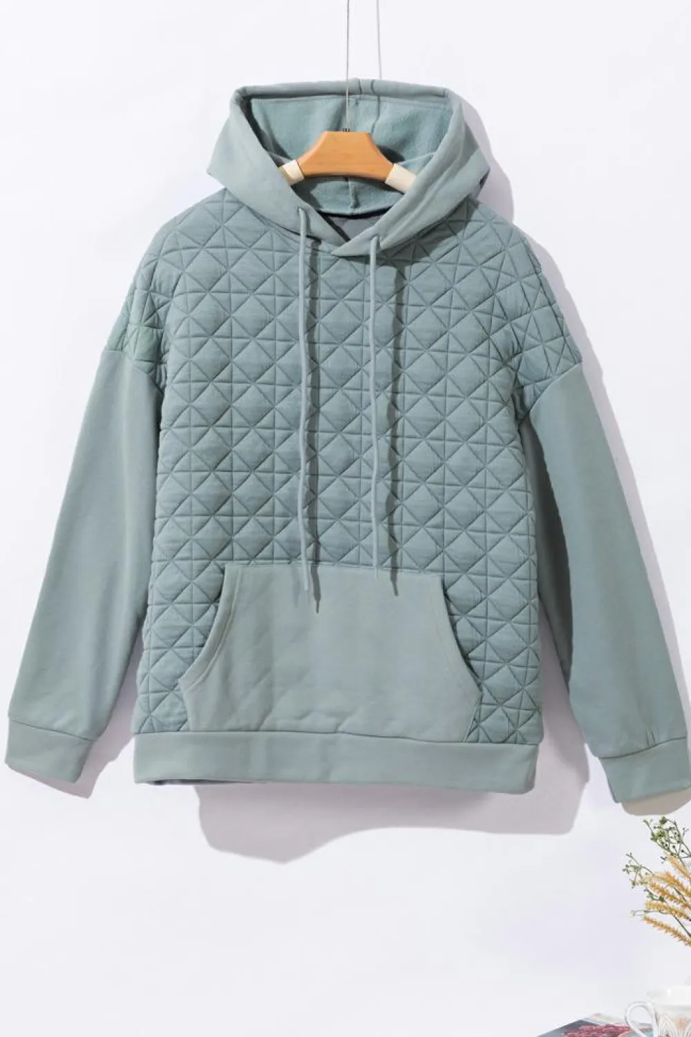 Best Dear-Lover Drop Shoulder Quilted Patchwork Kangaroo Pocket Hoodie Light Grey