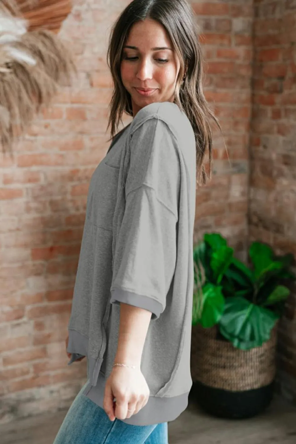 Clearance Dear-Lover Exposed Seam Chest Pocket Split Loose T Shirt Light Grey