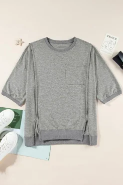 Clearance Dear-Lover Exposed Seam Chest Pocket Split Loose T Shirt Light Grey
