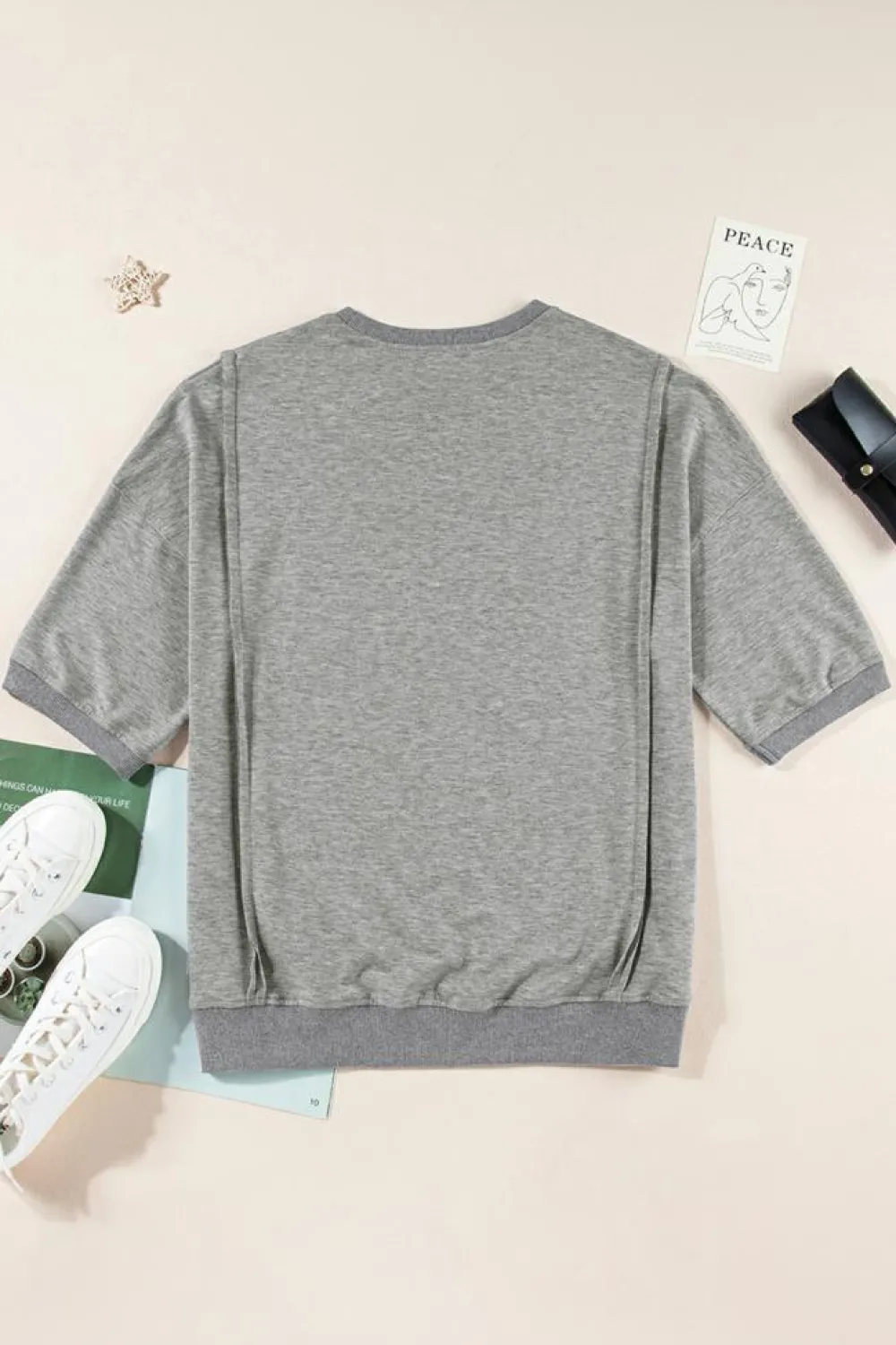 Clearance Dear-Lover Exposed Seam Chest Pocket Split Loose T Shirt Light Grey