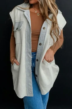 Discount Dear-Lover Flap Pockets Contrast Buttons Front Jacket Vest Light Grey