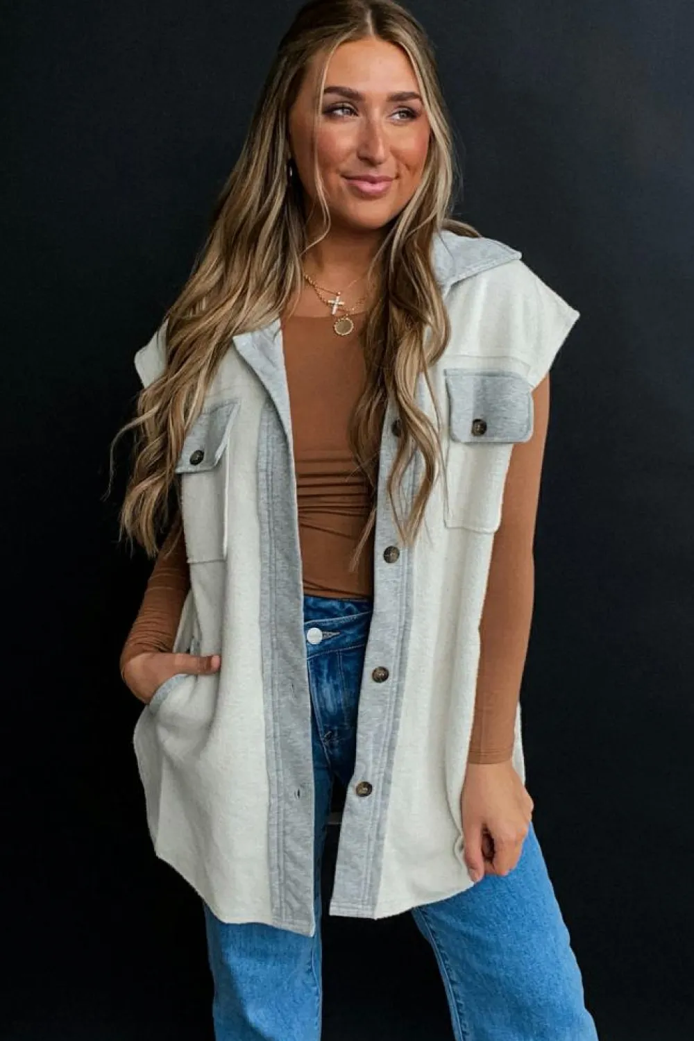 Discount Dear-Lover Flap Pockets Contrast Buttons Front Jacket Vest Light Grey