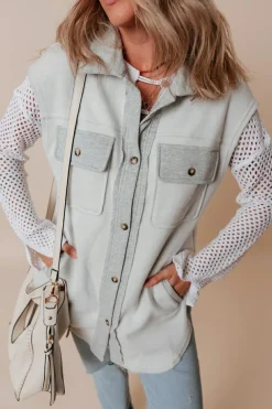Discount Dear-Lover Flap Pockets Contrast Buttons Front Jacket Vest Light Grey
