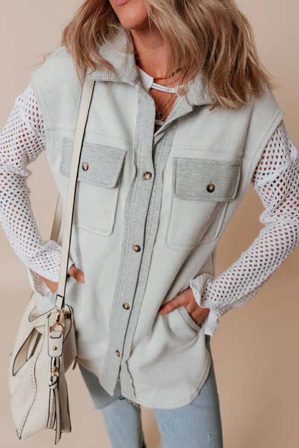 Discount Dear-Lover Flap Pockets Contrast Buttons Front Jacket Vest Light Grey