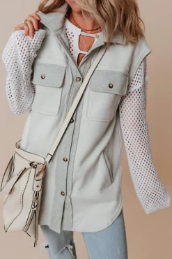 Discount Dear-Lover Flap Pockets Contrast Buttons Front Jacket Vest Light Grey