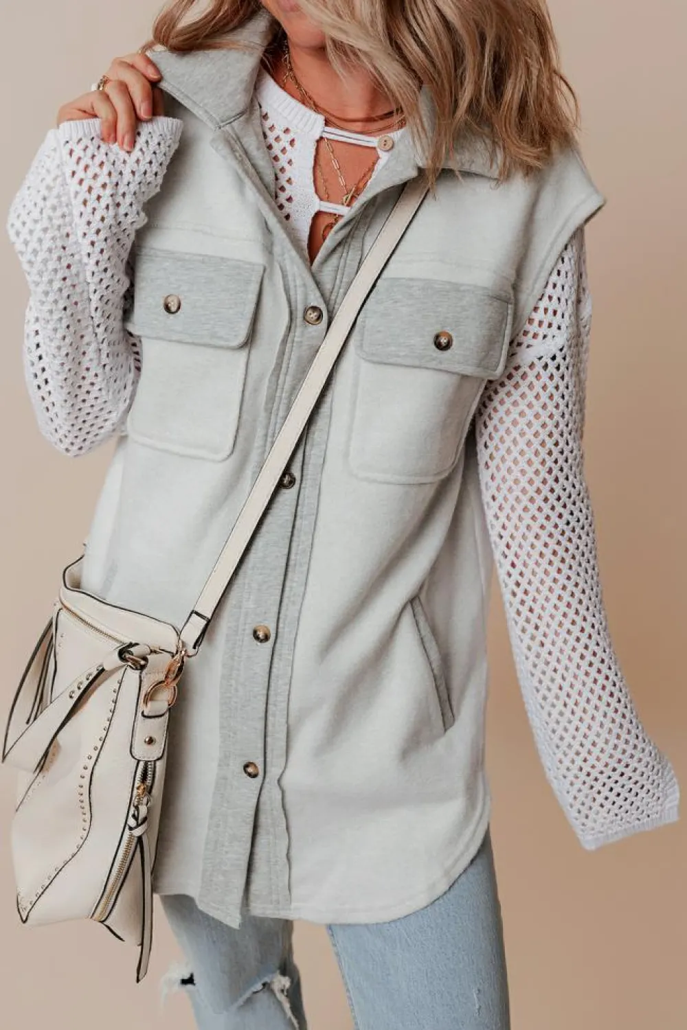 Discount Dear-Lover Flap Pockets Contrast Buttons Front Jacket Vest Light Grey