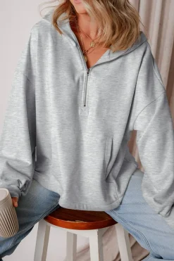 Hot Dear-Lover Fleece Lined Half Zipper Kangaroo Pockets Loose Hoodie Light Grey