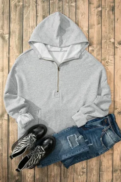 Hot Dear-Lover Fleece Lined Half Zipper Kangaroo Pockets Loose Hoodie Light Grey