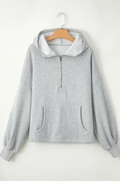Hot Dear-Lover Fleece Lined Half Zipper Kangaroo Pockets Loose Hoodie Light Grey