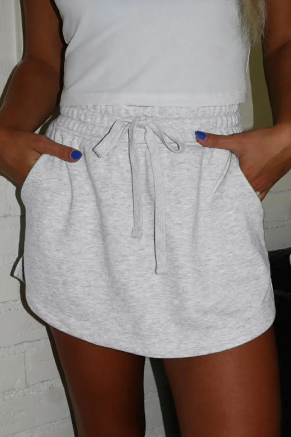 Clearance Dear-Lover French Terry Drawstring Mini Skort with Pockets Light Grey
