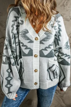 Discount Dear-Lover Geometric Pattern Ribbed Trim Button-Up Cardigan Light Grey
