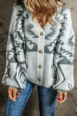 Discount Dear-Lover Geometric Pattern Ribbed Trim Button-Up Cardigan Light Grey