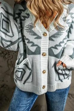 Discount Dear-Lover Geometric Pattern Ribbed Trim Button-Up Cardigan Light Grey