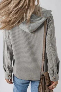 Discount Dear-Lover Hooded Drawstring Pockets Corduroy Shacket Light Grey