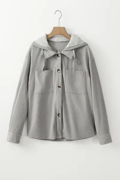 Discount Dear-Lover Hooded Drawstring Pockets Corduroy Shacket Light Grey